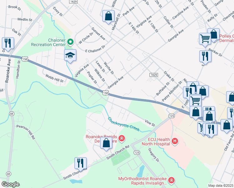 map of restaurants, bars, coffee shops, grocery stores, and more near 621 U.S. 158 in Roanoke Rapids