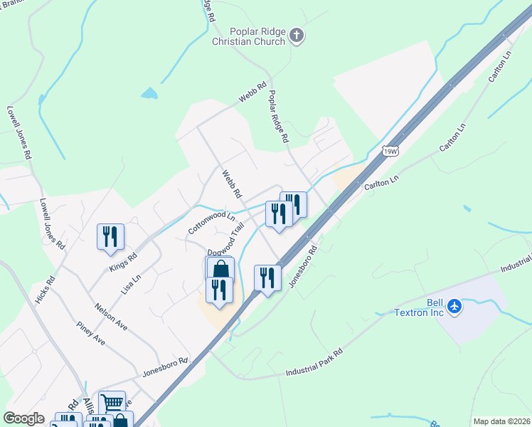 map of restaurants, bars, coffee shops, grocery stores, and more near 5001 Aberlea Place in Piney Flats