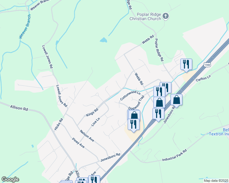 map of restaurants, bars, coffee shops, grocery stores, and more near 389 Kings Road in Piney Flats