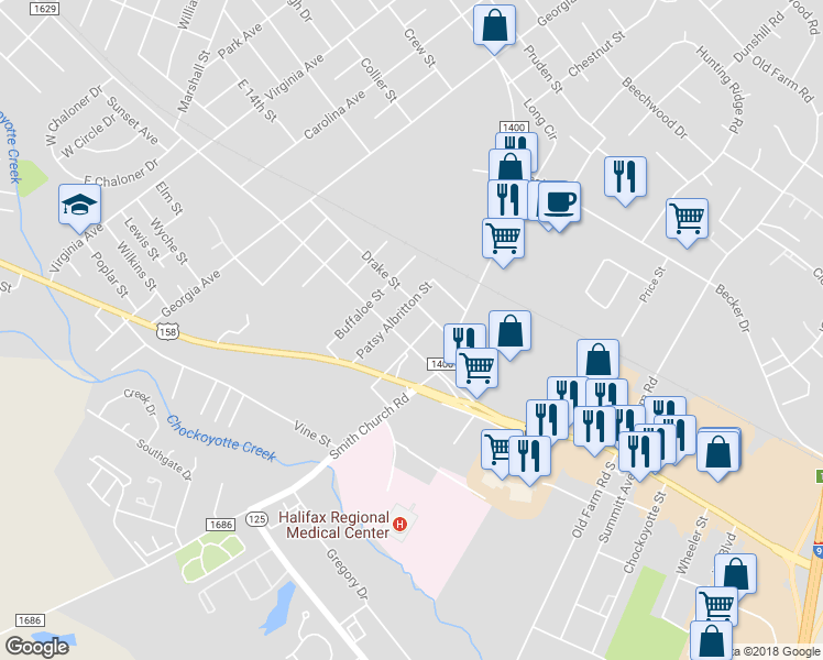 map of restaurants, bars, coffee shops, grocery stores, and more near 1010 Julian R Allsbrook Highway in Roanoke Rapids