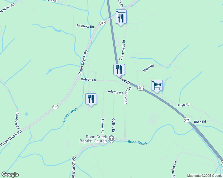 map of restaurants, bars, coffee shops, grocery stores, and more near 220 Adams Road in Mountain City