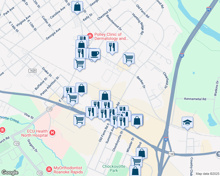 map of restaurants, bars, coffee shops, grocery stores, and more near 215 Price Street in Roanoke Rapids