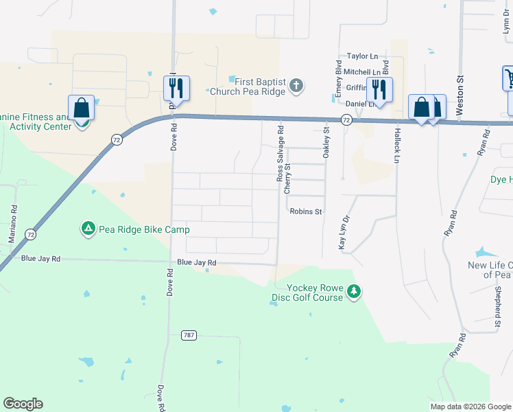 map of restaurants, bars, coffee shops, grocery stores, and more near 500 Crawford Street in Pea Ridge