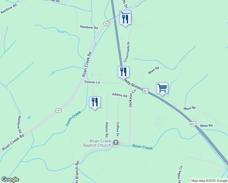 map of restaurants, bars, coffee shops, grocery stores, and more near 234 Adams Road in Mountain City