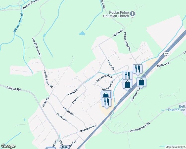 map of restaurants, bars, coffee shops, grocery stores, and more near 395 Kings Road in Piney Flats