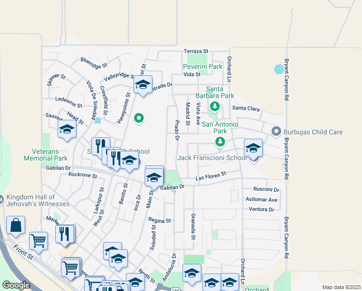 map of restaurants, bars, coffee shops, grocery stores, and more near 962 Prado Drive in Soledad