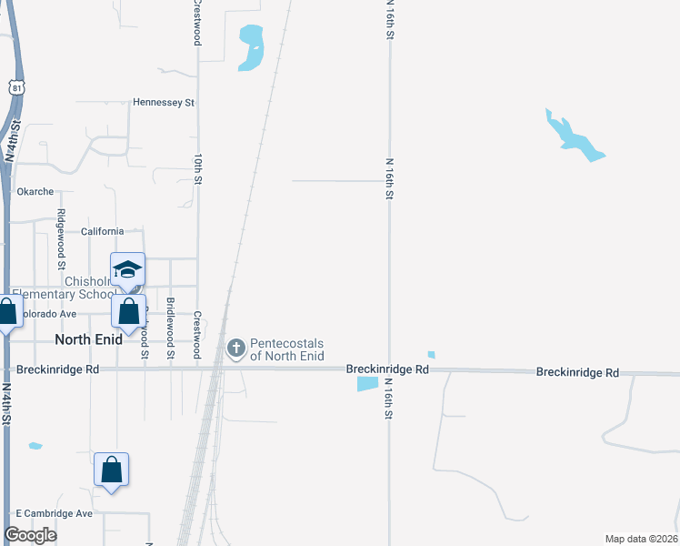 map of restaurants, bars, coffee shops, grocery stores, and more near 66 Breckinridge Road in Enid