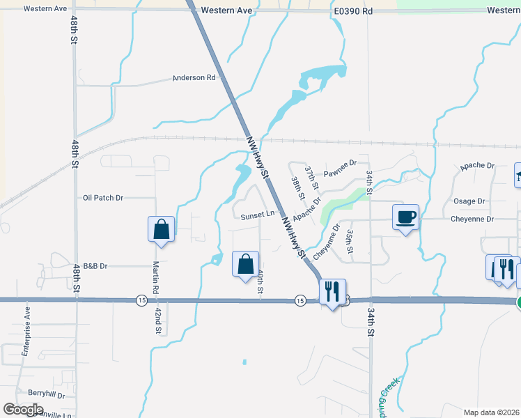map of restaurants, bars, coffee shops, grocery stores, and more near 104 Sunset Lane in Woodward