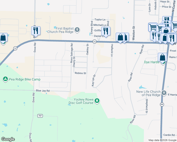 map of restaurants, bars, coffee shops, grocery stores, and more near 504 Oakley Street in Pea Ridge