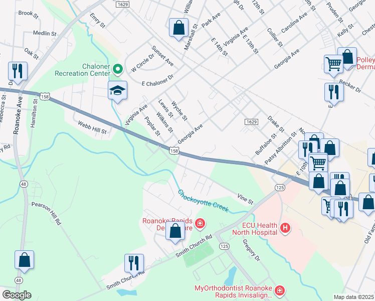 map of restaurants, bars, coffee shops, grocery stores, and more near 615 U.S. 158 in Roanoke Rapids