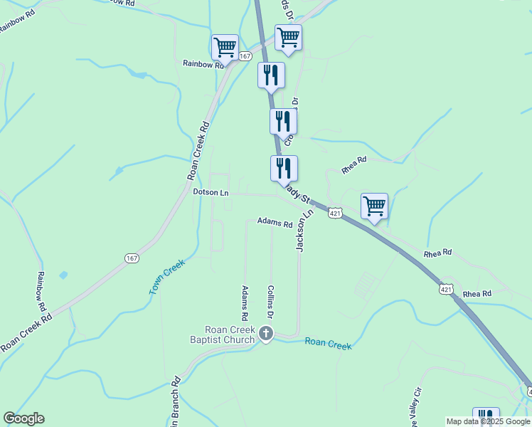map of restaurants, bars, coffee shops, grocery stores, and more near 220 Adams Road in Mountain City