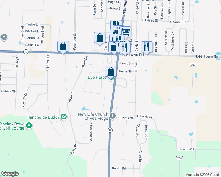 map of restaurants, bars, coffee shops, grocery stores, and more near 527 South Curtis Avenue in Pea Ridge