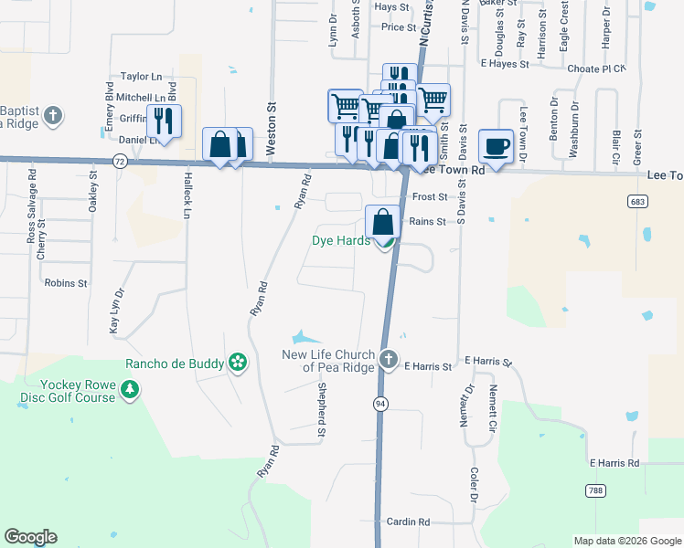 map of restaurants, bars, coffee shops, grocery stores, and more near 527 South Curtis Avenue in Pea Ridge
