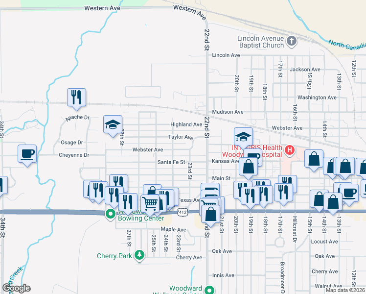 map of restaurants, bars, coffee shops, grocery stores, and more near 2308 Webster Avenue in Woodward