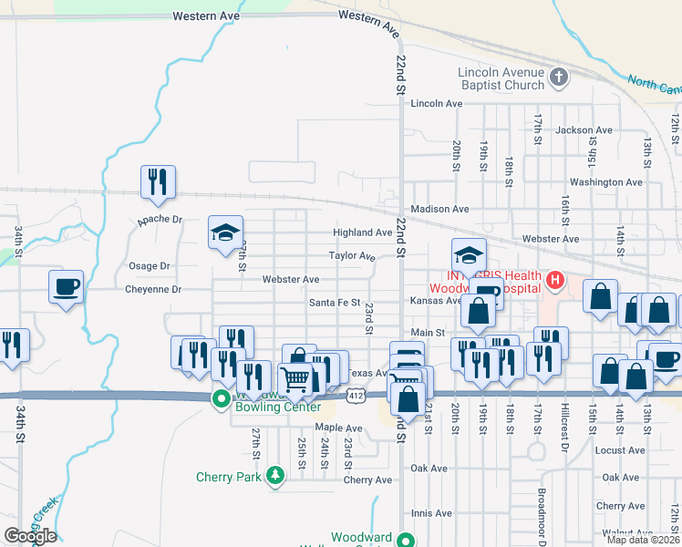 map of restaurants, bars, coffee shops, grocery stores, and more near 2308 Webster Avenue in Woodward