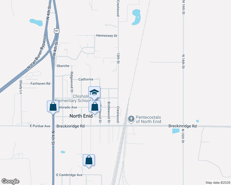 map of restaurants, bars, coffee shops, grocery stores, and more near 401 Bridlewood in Enid