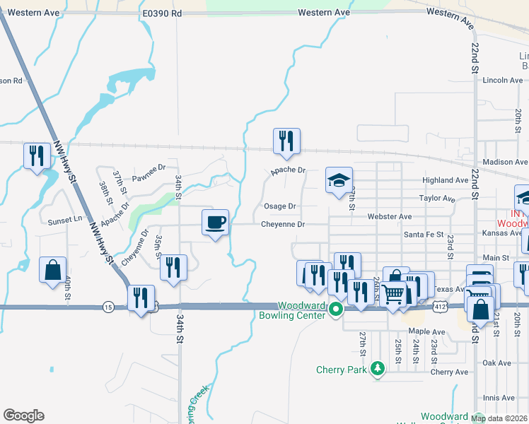 map of restaurants, bars, coffee shops, grocery stores, and more near 3010 Cheyenne Drive in Woodward