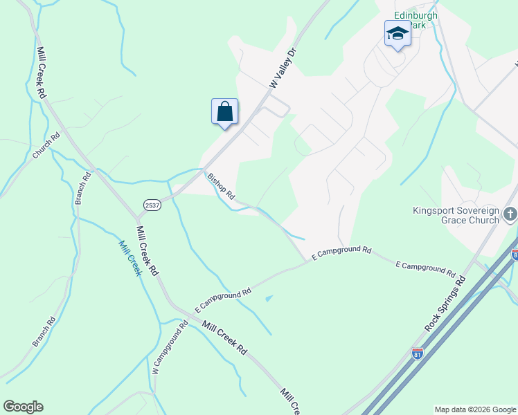 map of restaurants, bars, coffee shops, grocery stores, and more near 413 Bishop Road in Kingsport