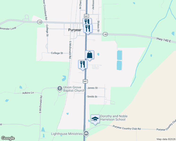 map of restaurants, bars, coffee shops, grocery stores, and more near 9520 U.S. 641 in Puryear
