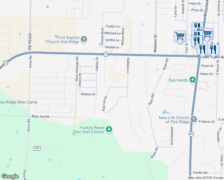 map of restaurants, bars, coffee shops, grocery stores, and more near 1414 Kay Lyn Drive in Pea Ridge