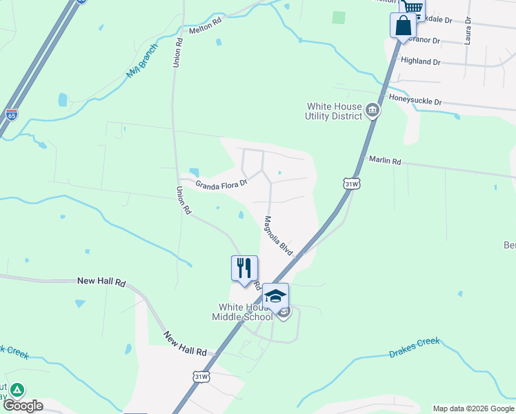 map of restaurants, bars, coffee shops, grocery stores, and more near 119 Gem Court in White House