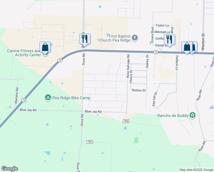 map of restaurants, bars, coffee shops, grocery stores, and more near 1708 Crump Street in Pea Ridge