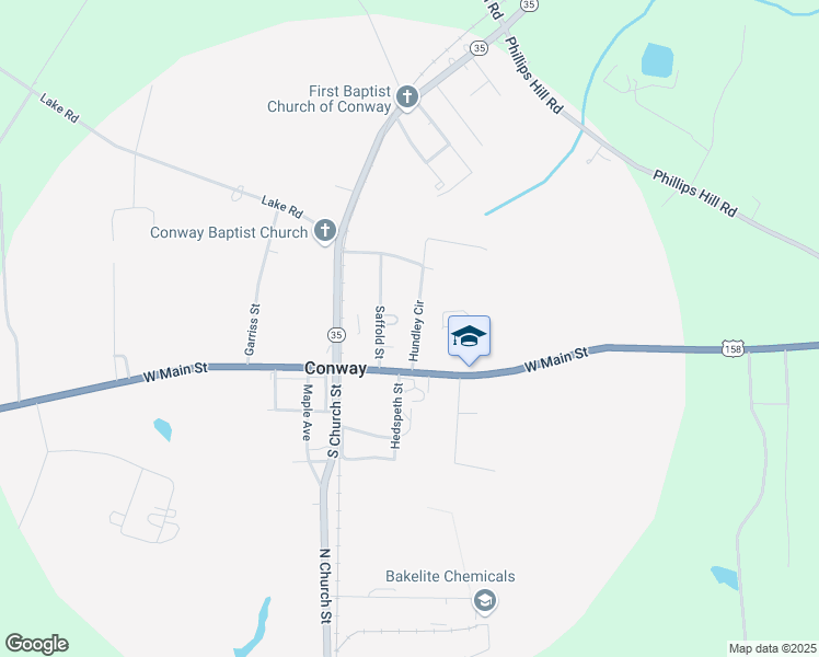 map of restaurants, bars, coffee shops, grocery stores, and more near 203 Hundley Circle in Conway