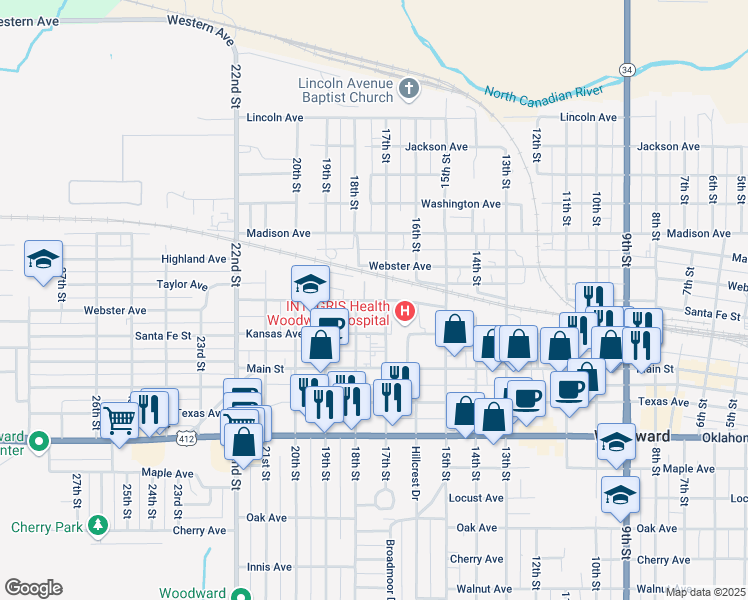 map of restaurants, bars, coffee shops, grocery stores, and more near 900-998 18th Street in Woodward