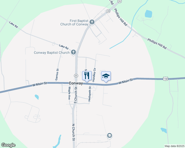 map of restaurants, bars, coffee shops, grocery stores, and more near 203 Hundley Circle in Conway