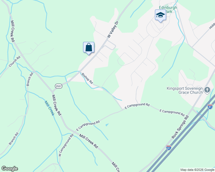 map of restaurants, bars, coffee shops, grocery stores, and more near 413 Bishop Road in Kingsport