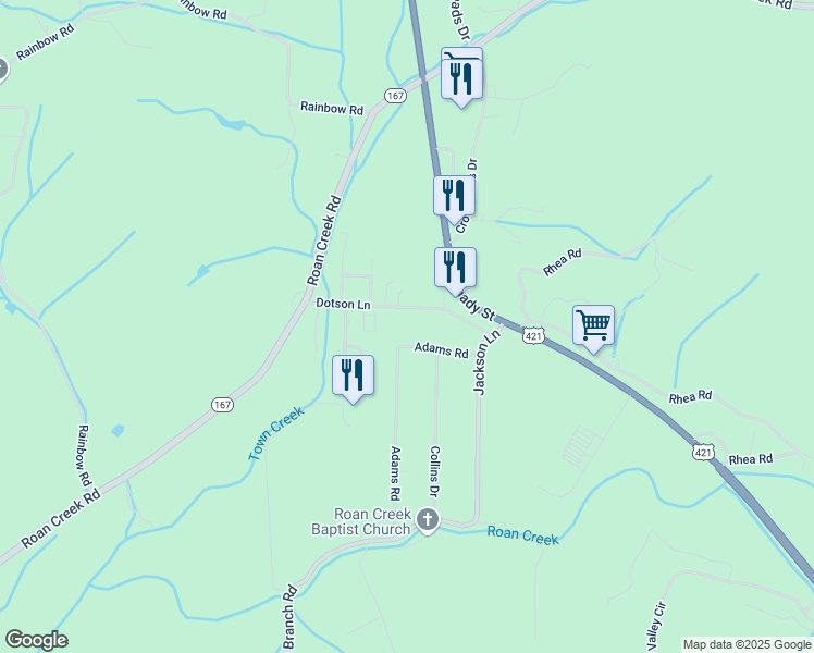 map of restaurants, bars, coffee shops, grocery stores, and more near 234 Adams Road in Mountain City