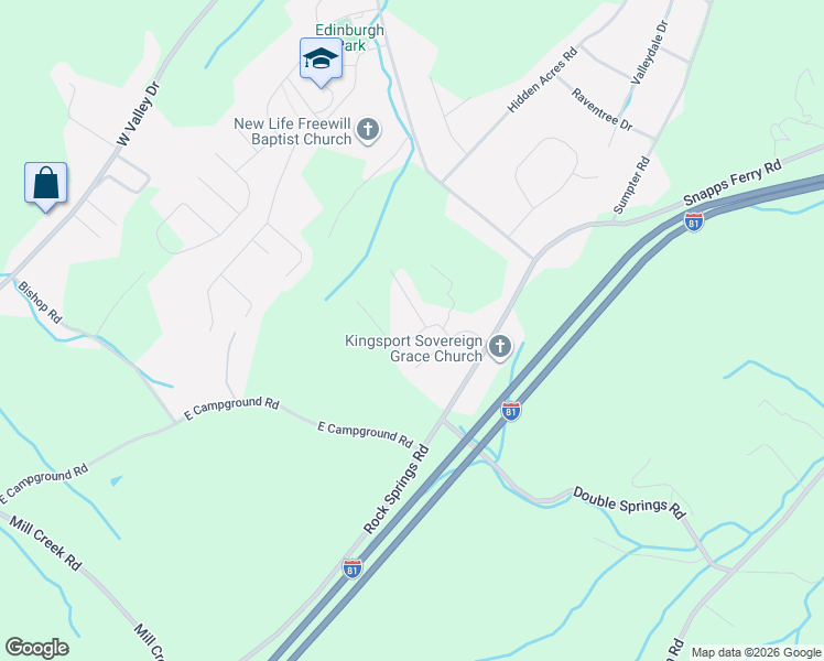 map of restaurants, bars, coffee shops, grocery stores, and more near 2712 Rock Springs Road in Kingsport