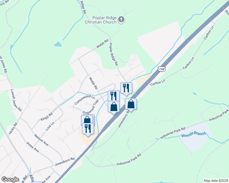 map of restaurants, bars, coffee shops, grocery stores, and more near 5001 Aberlea Place in Piney Flats