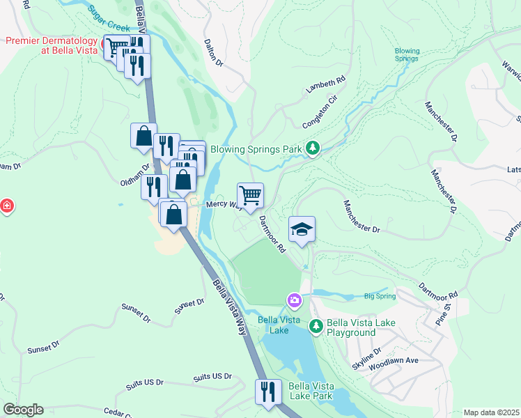 map of restaurants, bars, coffee shops, grocery stores, and more near 2 Blowing Spring Road in Bella Vista