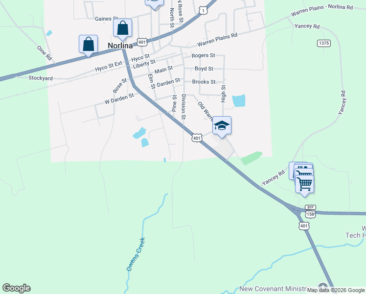 map of restaurants, bars, coffee shops, grocery stores, and more near Elm Street in Norlina