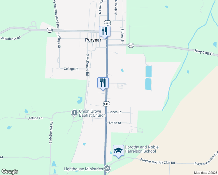 map of restaurants, bars, coffee shops, grocery stores, and more near 9520 U.S. 641 in Puryear