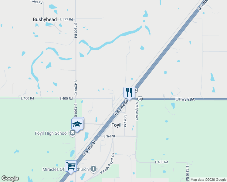 map of restaurants, bars, coffee shops, grocery stores, and more near 17295 East 400 Road in Claremore