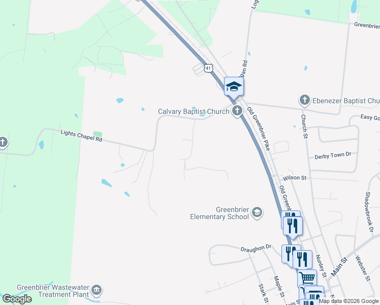 map of restaurants, bars, coffee shops, grocery stores, and more near 1041 Northridge Drive in Greenbrier