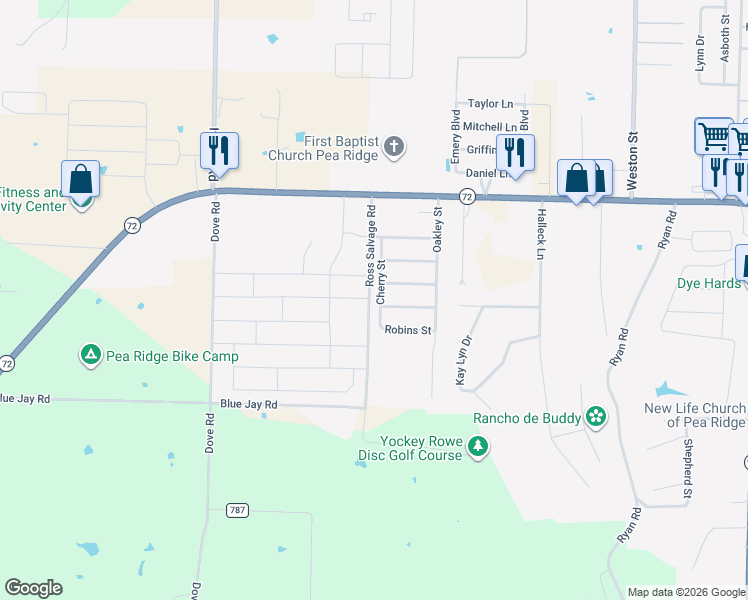 map of restaurants, bars, coffee shops, grocery stores, and more near 305 Cherry Street in Pea Ridge