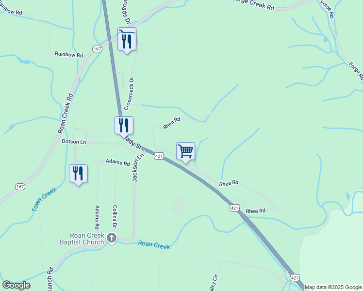 map of restaurants, bars, coffee shops, grocery stores, and more near Rhea Lane in Mountain City