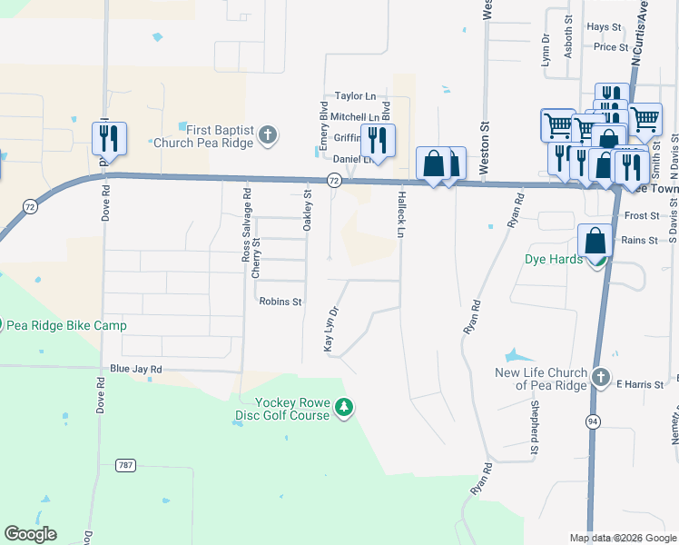 map of restaurants, bars, coffee shops, grocery stores, and more near 1435 Kay Lynn Circle in Pea Ridge