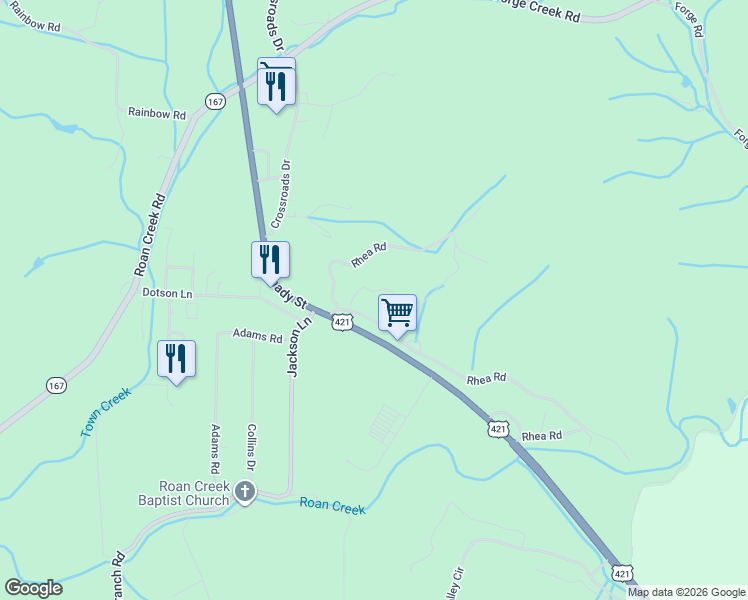 map of restaurants, bars, coffee shops, grocery stores, and more near 196 Hiddenwood Drive in Mountain City