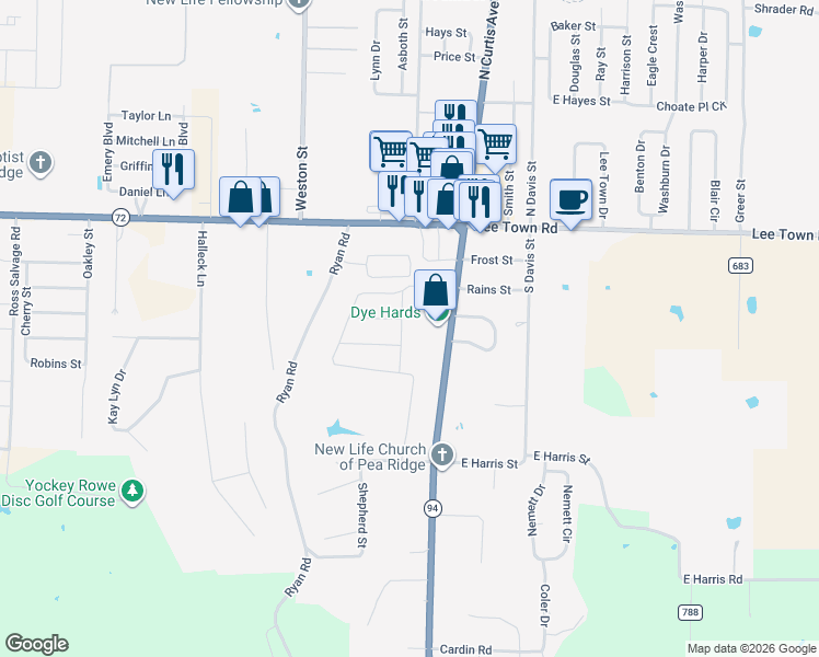map of restaurants, bars, coffee shops, grocery stores, and more near 385 Hall Place in Pea Ridge