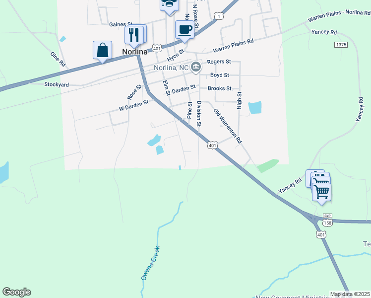 map of restaurants, bars, coffee shops, grocery stores, and more near 307 Elm Street in Norlina