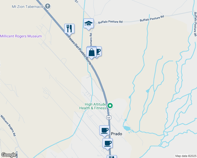 map of restaurants, bars, coffee shops, grocery stores, and more near 1405 Paseo Del Pueblo Norte in El Prado