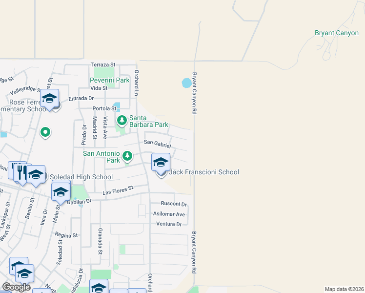 map of restaurants, bars, coffee shops, grocery stores, and more near 1141 San Gabriel in Soledad