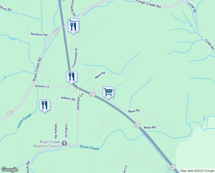 map of restaurants, bars, coffee shops, grocery stores, and more near Rhea Lane in Mountain City