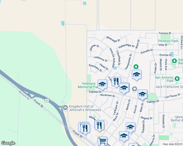 map of restaurants, bars, coffee shops, grocery stores, and more near 457 Ortiz Street in Soledad