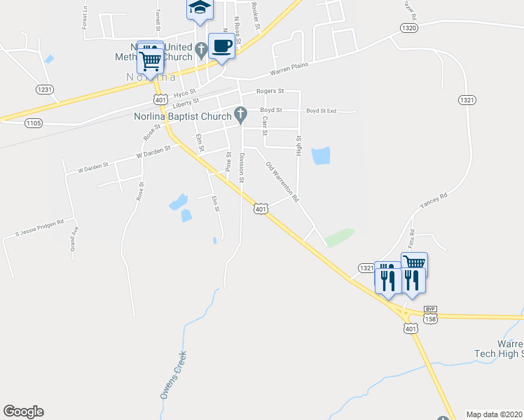 map of restaurants, bars, coffee shops, grocery stores, and more near 5 Peoples Drive in Norlina