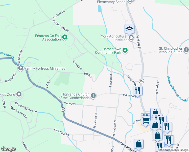 map of restaurants, bars, coffee shops, grocery stores, and more near 442 Hill Road in Jamestown